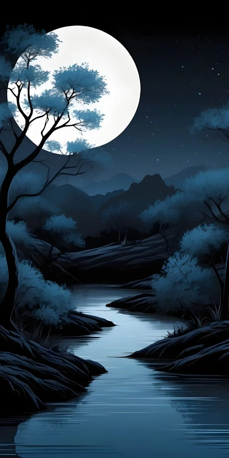 Aesthetic Blue Minimalistic Moon and lake Phone Wallpaper