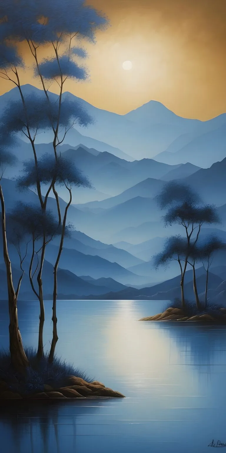 Blue and Orange Environment River and Tree Phone Wallpaper