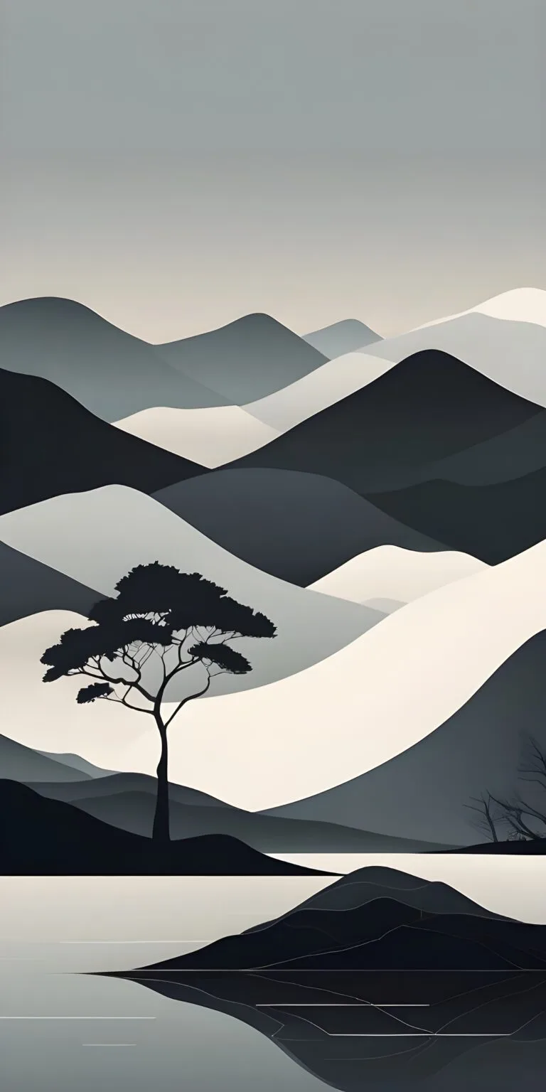 White, Black Mountain Minimalistic Wallpaper