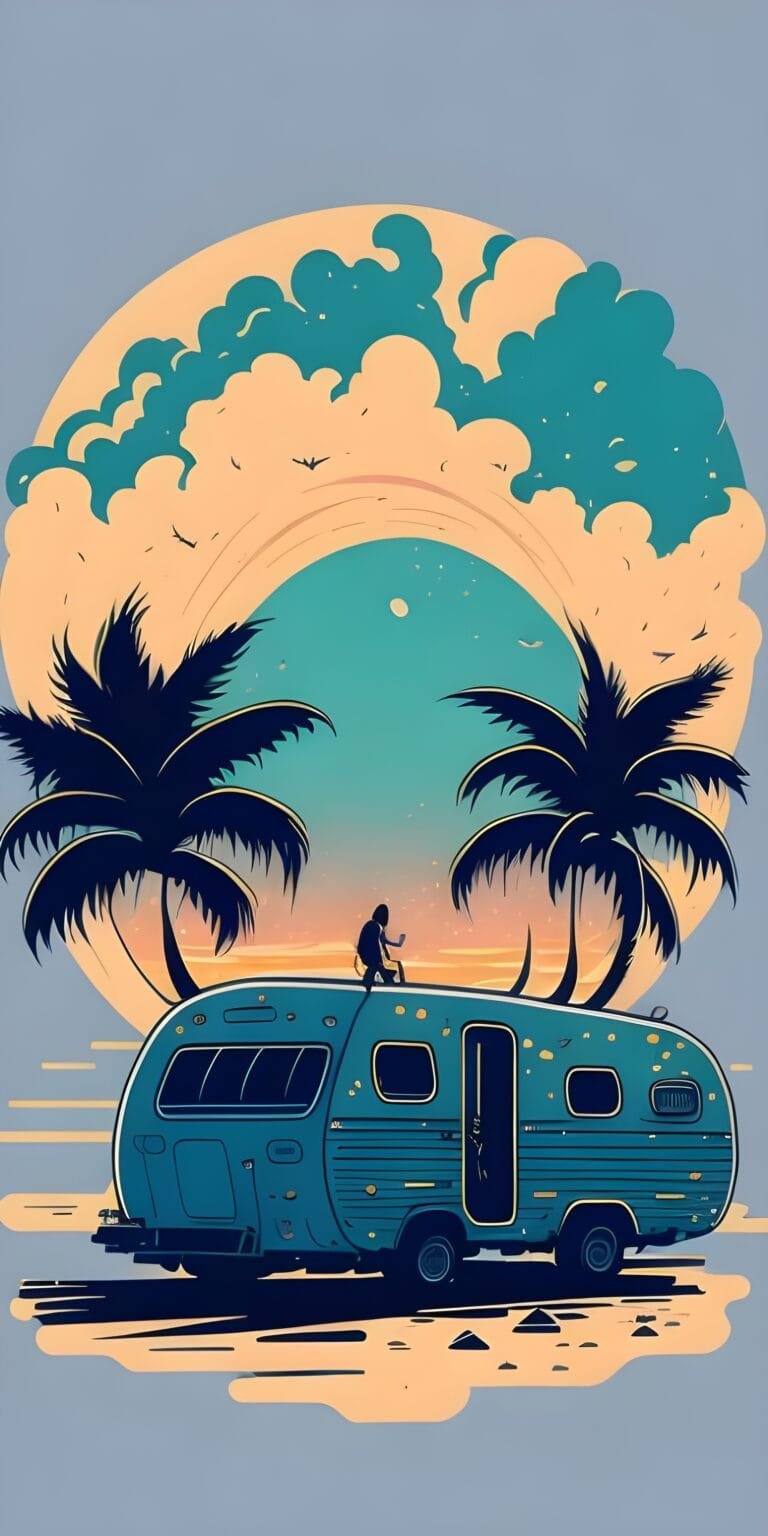 Bus Wallpaper, Minimalist, Palm Tree
