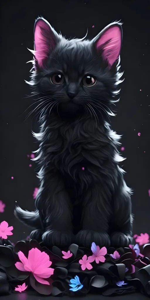 Furry Cat Black, Pink, Flowers Phone Wallpaper HD