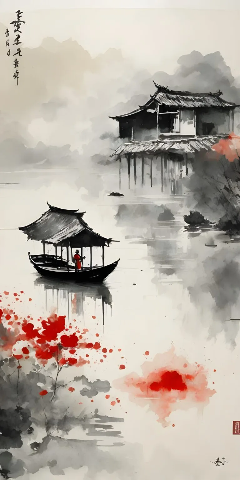 White Japanese Wallpaper for Phone, River, Hut