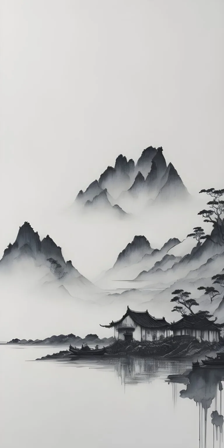 White Japanese Wallpaper for Phone, River, Hut, Mountain