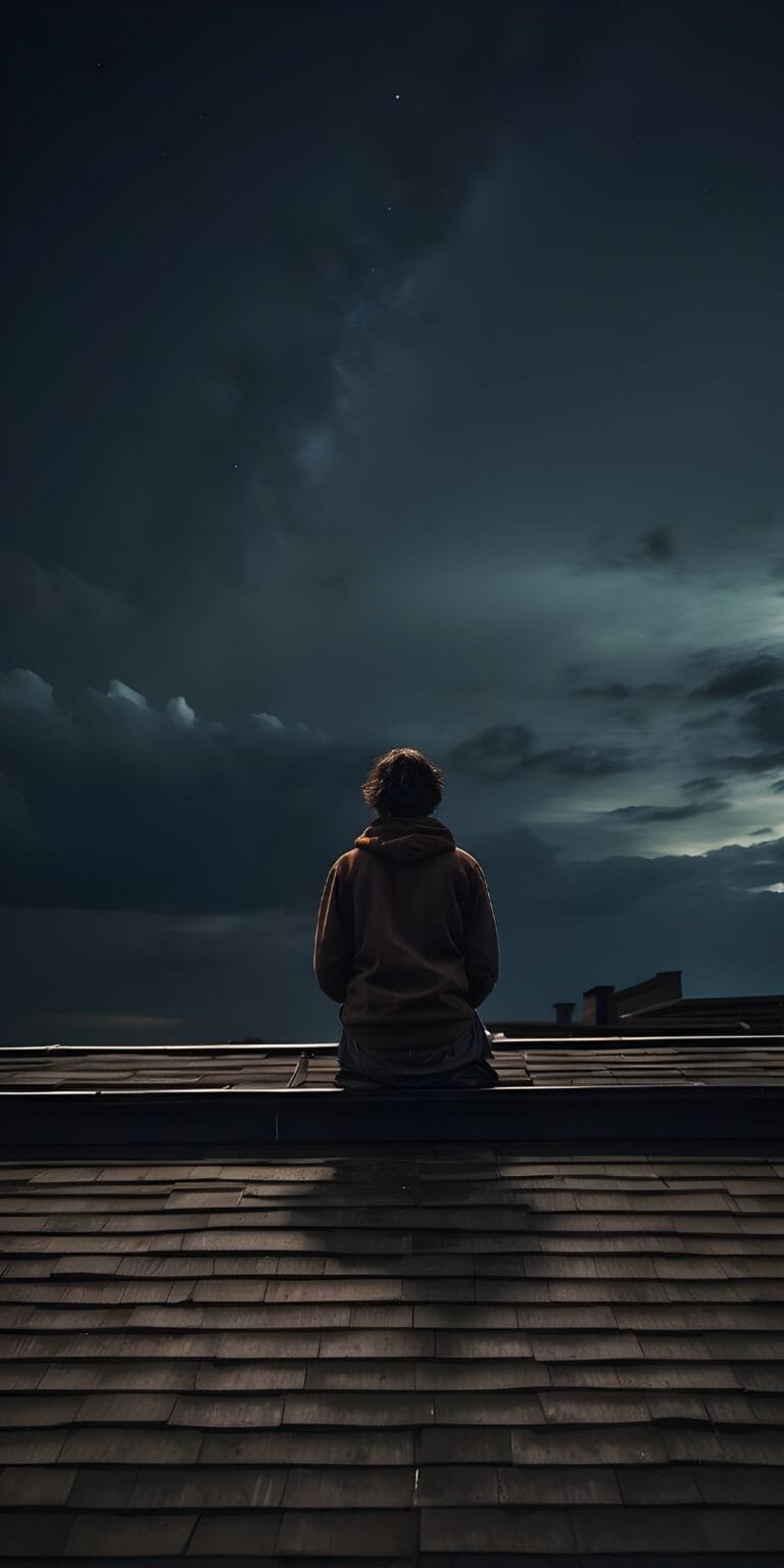 Boy Sitting Wallpaper, Black, Night Mode